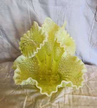Lg.  Antique Fenton Vaseline Opalescent Hobnail Topaz Glass Flower Bowl Epergne