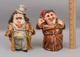 2 Antique Figural Majolica Tobacco Humidor Jars,  Man W/ Fez,  Top Hat Fur Coat