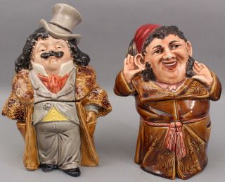 2 Antique Figural Majolica Tobacco Humidor Jars,  Man w/ Fez,  Top Hat Fur Coat 2