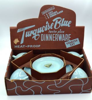 Vnt Fire King Turquoise Blue 12 Pc Dinnerware Starter Set W/labels Rare