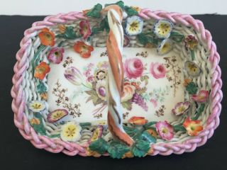 Antique English Porcelain Flower Encrusted Basket Hand Painted 19thc Coalport