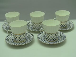 Russian Lomonosov Cobalt Net 24kt Porcelain Tea Cups And Saucers / Set Of 5