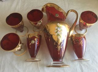 Vintage Murano Venetian Glass Red & 24k Gold Pitcher With 6 Glasses Set