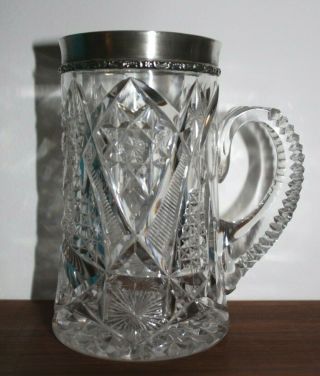 Antique American Brilliant Cut Glass Drinking Mug Sterling Silver Rim