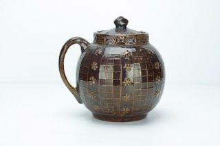 Antique Stoneware Brown Glazed Lidded Bean Pot With Lattice Floral Design