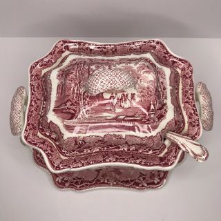 VTG Masons Ironstone Large Soup Tureen Under Plate Lid Ladle Vista Pink/Red 3