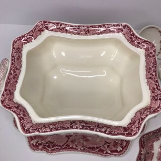 VTG Masons Ironstone Large Soup Tureen Under Plate Lid Ladle Vista Pink/Red 6