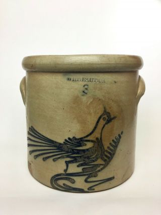 Stoneware Crock,  Whites Utica Three Gallon With Fantail Bird Decoration