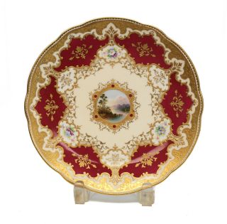 Coalport Hand Painted Porcelain Burgundy Red Cabinet Plate,  C1900.  Seascape