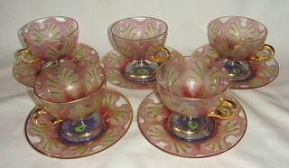 Set Of 5 - Vintage Lobmeyr Art Glass Cup & Saucers