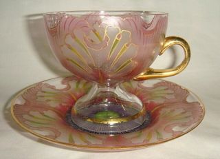 Set of 5 - Vintage Lobmeyr Art Glass Cup & Saucers 2