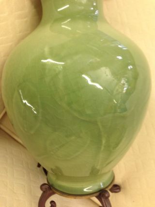 40s Rookwood Art Pottery High - Gloss Celedon Glaze Art Deco Vase Lamp W/ Deer