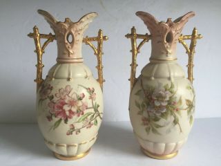 Early Pair Royal Dux Porcelain Arts Crafts Japonisme Branch Handle Vases 19thc