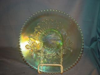 Northwood Carnival Glass Peacock On Fence Plate Ice Green Plain Back