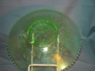 NORTHWOOD CARNIVAL GLASS PEACOCK ON FENCE PLATE ICE GREEN PLAIN BACK 4