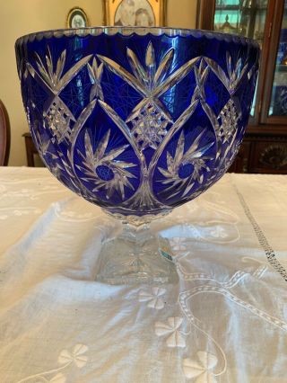 Large Crystal Bowl Cobalt Blue Cut To Clear Footed Handcut Poland W/labels 12”