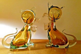 Vintage Murano Italian Art Glass By Alfredo Barbini - Sommerso Cats - Pair