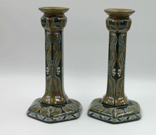 Buffalo Pottery Emerald Deldare Ware 1911 Art Nouveau Candlestick Pair