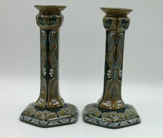 Buffalo Pottery Emerald Deldare Ware 1911 Art Nouveau Candlestick PAIR 2