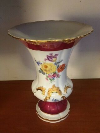 Antique Meissen Vase Hand Painted Maroon Gold Accents & Trim - 10 " High