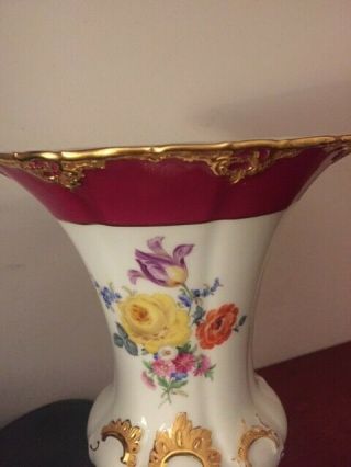 Antique Meissen Vase Hand Painted Maroon Gold Accents & Trim - 10 