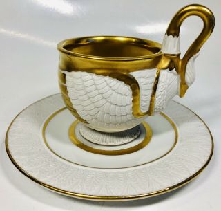 Antique Circa 1900 German Porcelain Gilded Cup And Saucer In Style Of Swan