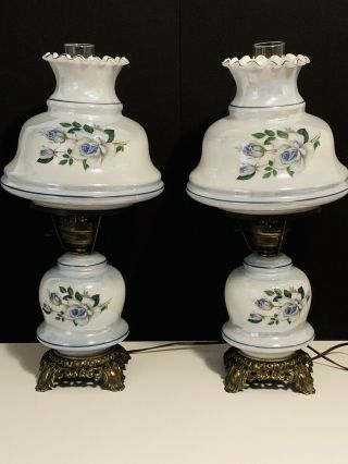 Vintage Elegant Victorian Floral Glass 22” Hurricane 3 - Way Lamp