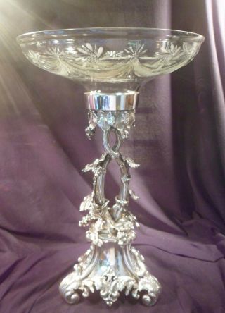 Large Ornate Silver Plate and Cut Glass Compote,  Over 16 Lbs,  Grape and Vine 12