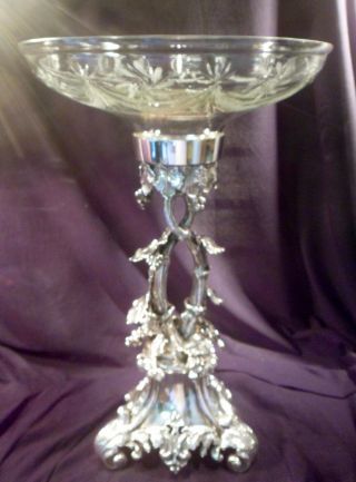 Large Ornate Silver Plate And Cut Glass Compote,  Over 16 Lbs,  Grape And Vine