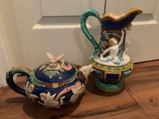 Antique English Majolica Pitcher And Tea Pot - Cupid