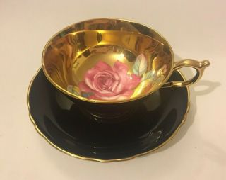 Paragon Large Pink Floating Cabbage Rose Gold Mirror On Black Teacup & Saucer