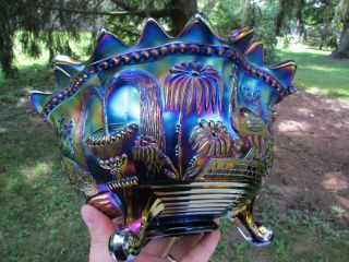 Northwood PEACOCK AT THE FTN ANTIQUE CARNIVAL GLASS FTD FRUIT BOWL BLUE GORGEOUS 11