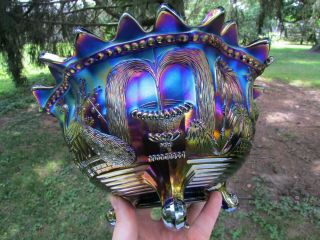 Northwood PEACOCK AT THE FTN ANTIQUE CARNIVAL GLASS FTD FRUIT BOWL BLUE GORGEOUS 12