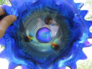 Northwood PEACOCK AT THE FTN ANTIQUE CARNIVAL GLASS FTD FRUIT BOWL BLUE GORGEOUS 2