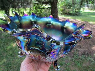 Northwood PEACOCK AT THE FTN ANTIQUE CARNIVAL GLASS FTD FRUIT BOWL BLUE GORGEOUS 4