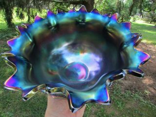 Northwood PEACOCK AT THE FTN ANTIQUE CARNIVAL GLASS FTD FRUIT BOWL BLUE GORGEOUS 5