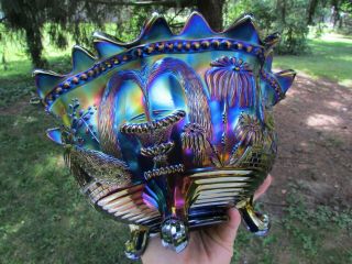 Northwood PEACOCK AT THE FTN ANTIQUE CARNIVAL GLASS FTD FRUIT BOWL BLUE GORGEOUS 6