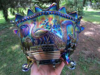 Northwood PEACOCK AT THE FTN ANTIQUE CARNIVAL GLASS FTD FRUIT BOWL BLUE GORGEOUS 7