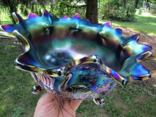 Northwood PEACOCK AT THE FTN ANTIQUE CARNIVAL GLASS FTD FRUIT BOWL BLUE GORGEOUS 9