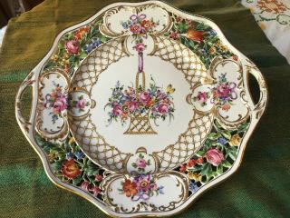Carl Thieme Dresden Cake Plate Basket Of Flowers 11 1/8” Reticulated