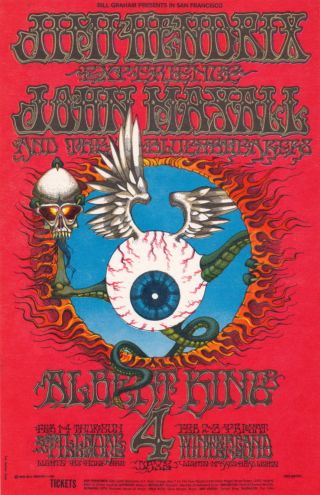 Jimi Hendrix Rick Griffin 1968 Bg 105 Flying Eyeball Fillmore Card