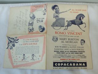 Rare 1954 Handbill Jules Podell Copacabana Ny Romo Vincent Mary Burton Al Morgan