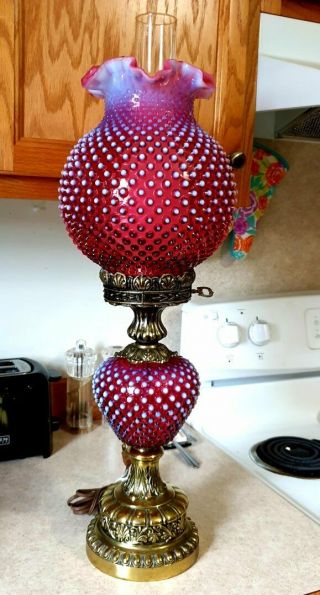Vintage Fenton Glass Dark Cranberry Opalescent Hobnail Banquet Lamp