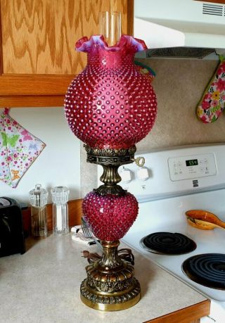 Vintage Fenton Glass Dark Cranberry Opalescent Hobnail Banquet Lamp 2