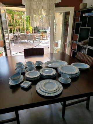 Wedgewood Blue Queensware 1950s English Dinner Set Service For 6