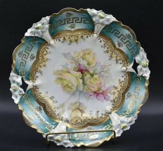 Rs Prussia German Lily Mold Teal Greek Key Yellow Roses 11 " Handled Cake Plate