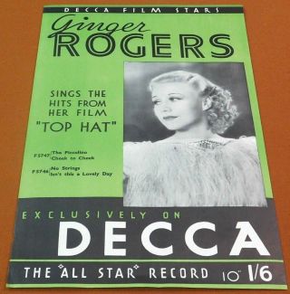 Ginger Rogers Decca Film Star Top Hat Vintage 1935 Art Deco Poster Movie Record
