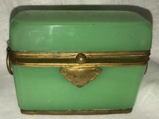 Antique Mid 19th Century Sugar Box Made Of Green Opaline Glass.