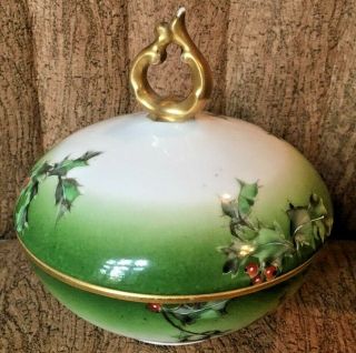 Limoges Holly Berries T&v France Sugar Bowl With Lid Approx 5x5.  5inches