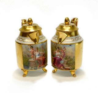 Pair Royal Vienna Hand Painted Porcelain Footed Creamers,  Circa 1900.  Signed